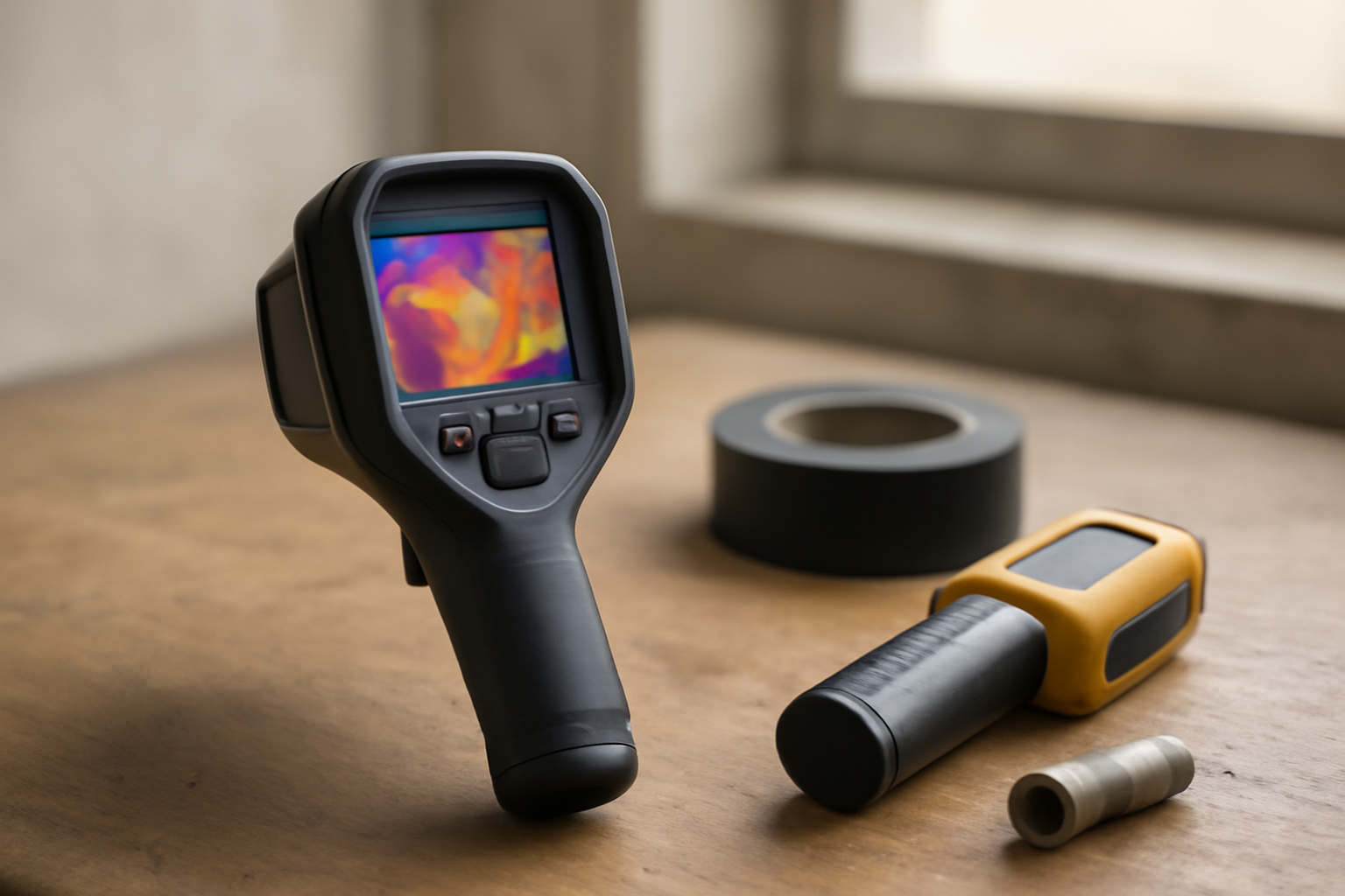 Kamera termal di meja kerja dengan selotip hitam dan termometer untuk kalibrasi