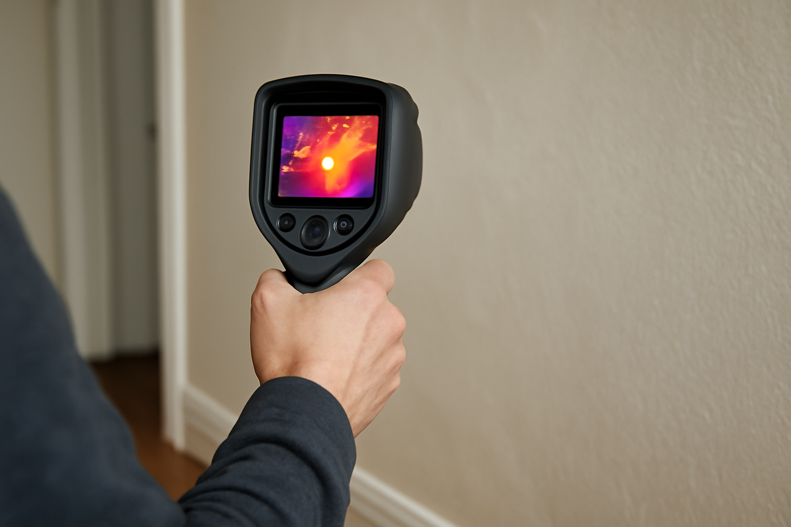 Seseorang menggunakan kamera termal untuk memeriksa dinding rumah dan melihat pola suhu.