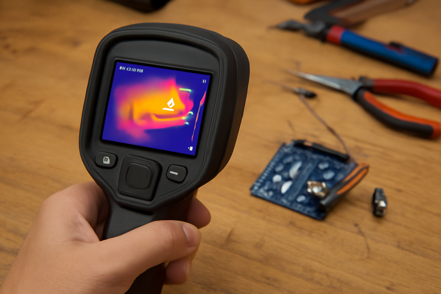 Seseorang memegang kamera termal untuk memeriksa suhu komponen elektronik di rangkaian Arduino